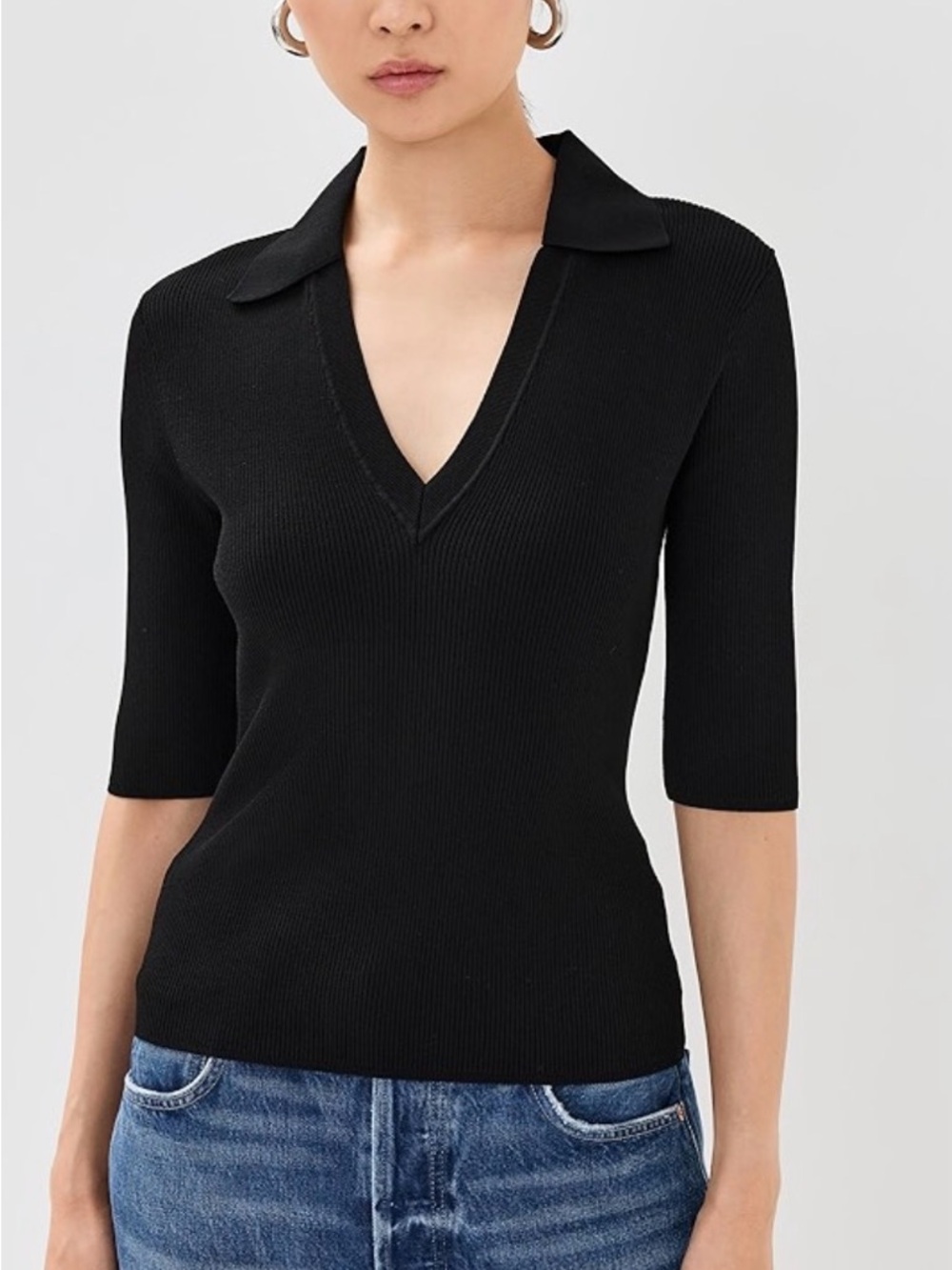 Veronica Beard Black Ribbed V-Neck Polo Top